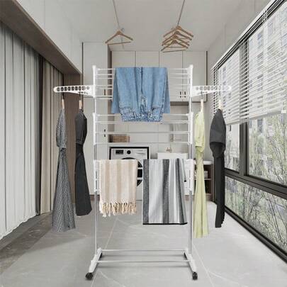 Tour de séchage à linge avec roulettes, 3 niveaux, grand séchoir à linge peu encombrant avec 2 ailes latérales rotatives, séchoir sur pied portable multifonctionnel, tour à linge pour une utilisation intérieure et extérieure