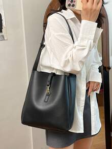 Women's Casual Crossbody Bucket Bag - Solid Color, Dual-Layer PU Material Handbag, Magnetic Closure, Adjustable Shoulder Strap Shoulder Bag - Lightweight Design, Suitable For Commuting, Leisure And Dating, Minimalist Style, Versatile Use - Multicolor - View 8