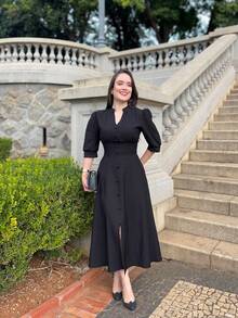 PLAIN MIDI DRESS Button WOMEN'S FASHION Daily - màu đen - Xem 4