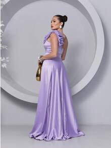 Long Dress For Bridesmaid – One Shoulder With Ruffle And Slit Elegant Simple Elegant Party Satin Side Opening Zipper Pleated Bridesmaid Civil Wedding Debutante Graduate Formal And Evening - 紫丁香色 - 查看 3