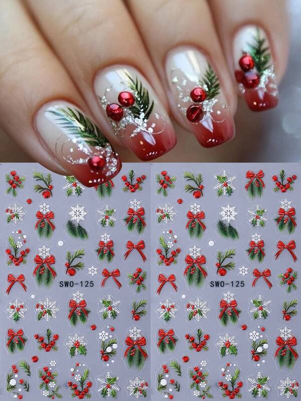 2PCS Red Christmas 5D Embossed Nail Stickers Red Bow Ribbon Holly Snowflakes Designs Xmas Winter Nail Art Decals Self-Adhesive Sliders DIY Charms Manicure Nails Decoration Holiday Gift For Women Girl