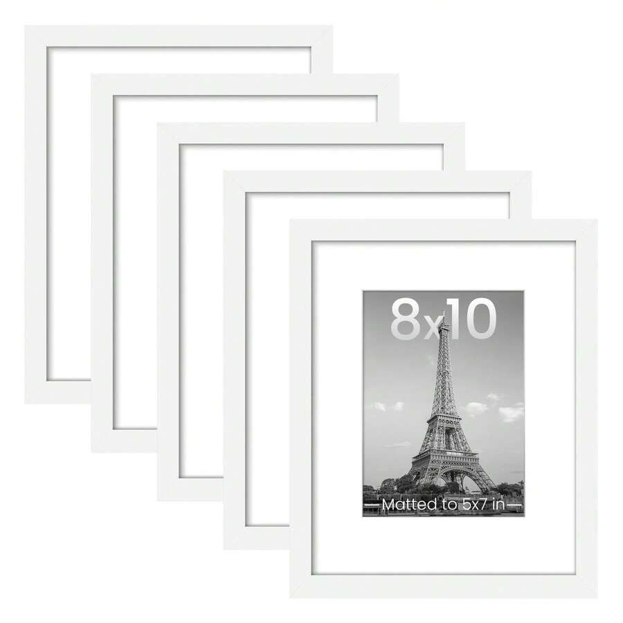 Picture Frame Set Of 5, Display Pictures 8.5x11 With Mat Or 12x16 Without, Multi Photo Frames Collage For Wall Display - 白色 - 查看 1