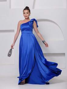 Long Dress For Bridesmaid – One Shoulder With Ruffle And Slit Elegant Simple Elegant Party Satin Side Opening Zipper Pleated Bridesmaid Civil Wedding Debutante Graduate Formal And Evening - 寶藍色 - 查看 3