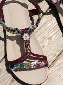 WRCVS 女士勃艮第凉鞋，夏季平底凉鞋，编织平底鞋，轻便，适合海滩、度假，手工串珠花卉图案随机户外凉鞋