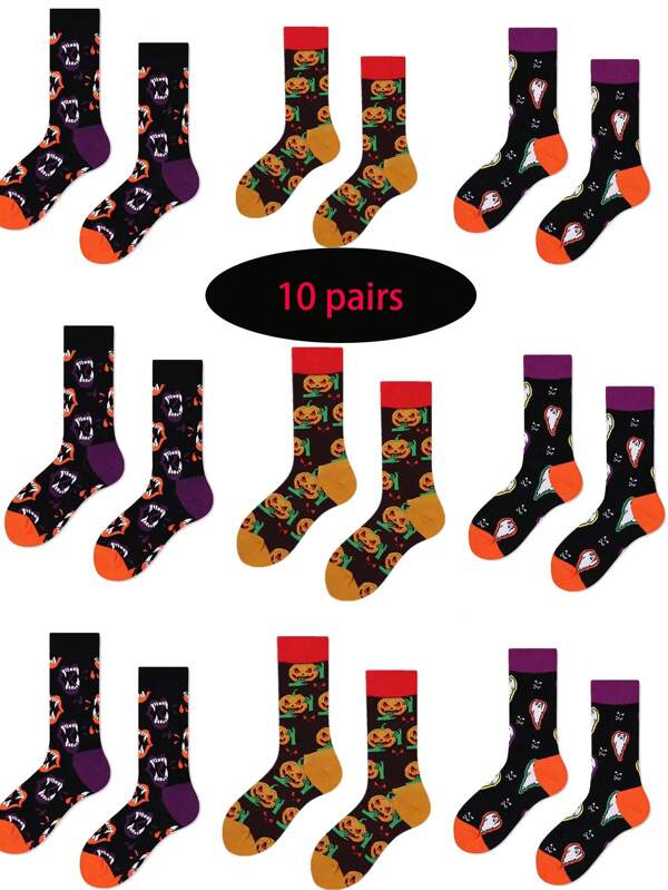 1/5/10 pares de calcetines casuales diarios con diseños de dibujos animados lindos de Halloween, calcetines versátiles divertidos de calabaza para fiesta y hip hop para hombres hasta el tobillo, regalo para amantes, amigos, días festivos