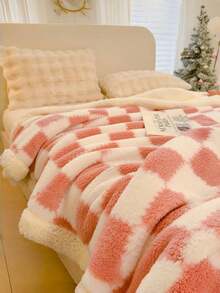 1 件双层棋盘熊猫仿皮毛、羔羊毛、毛毯，适合所有季节在卧室、沙发、办公室、床上使用 - 粉紅白格 - 查看 7
