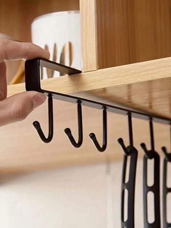 6钩铁质杯架，适用于橱柜、罐子架、铲子架，无需钻孔即可收纳。多功能6钩厨房和餐厅收纳架 - 可容纳杯子、马克杯和餐具