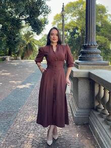 PLAIN MIDI DRESS Button WOMEN'S FASHION Daily - 鏽棕色 - 查看 3