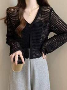 1pc Short Hollow Out Single Button Lightweight Mesh Knit Cardigan For Women, Thin Shawl Outerwear To Pair With Camisole Tops, Summer