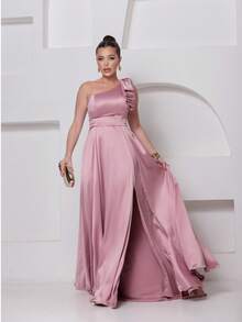 Long Dress For Bridesmaid – One Shoulder With Ruffle And Slit Elegant Simple Elegant Party Satin Side Opening Zipper Pleated Bridesmaid Civil Wedding Debutante Graduate Formal And Evening - 乾枯玫瑰色 - 查看 1