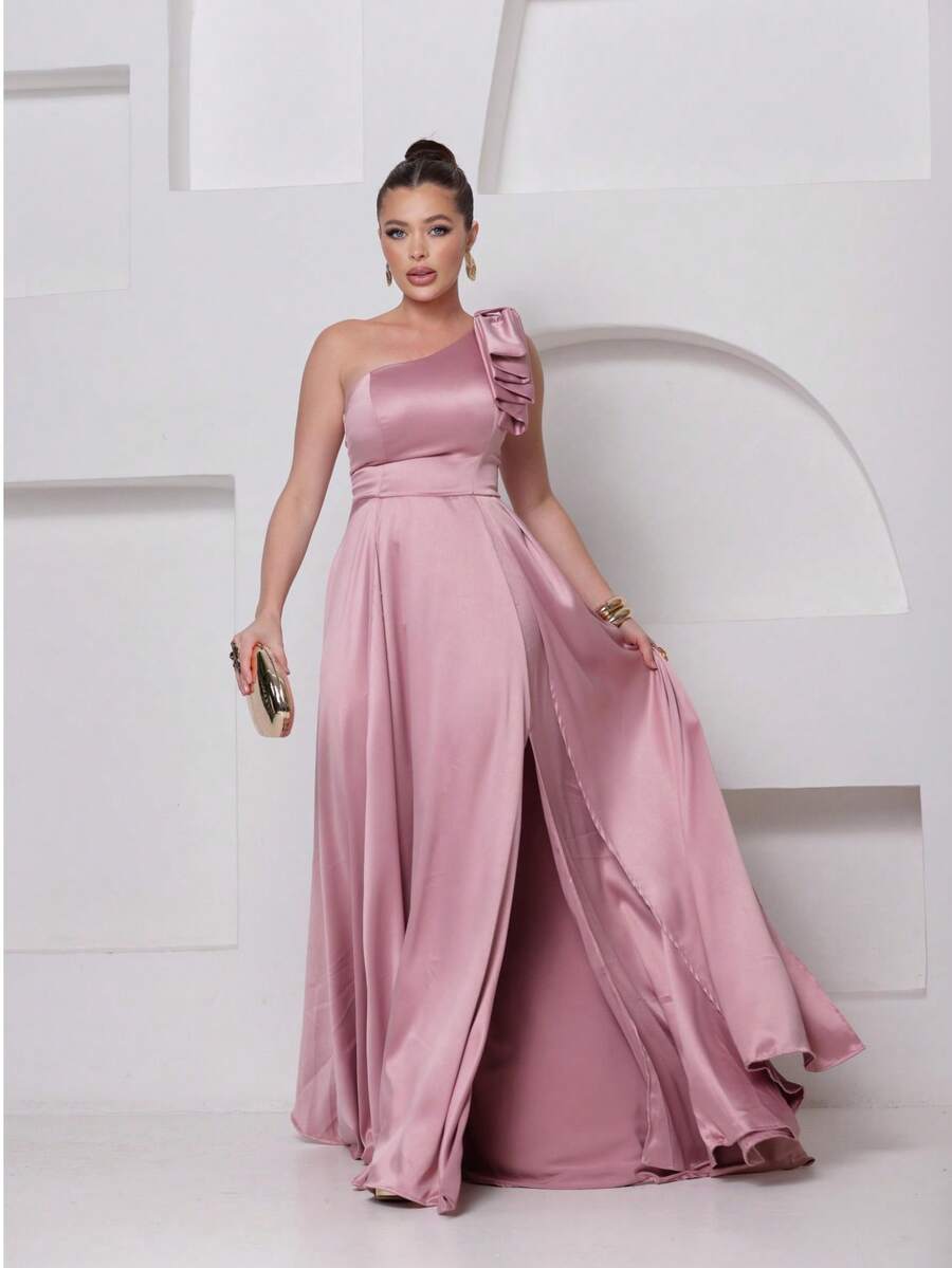 Long Dress For Bridesmaid – One Shoulder With Ruffle And Slit Elegant Simple Elegant Party Satin Side Opening Zipper Pleated Bridesmaid Civil Wedding Debutante Graduate Formal And Evening - 乾枯玫瑰色 - 查看 1