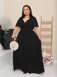 Vestido Feminino Longo Plus Size Transpassado Na Frente Moda Festa - Preto - Visão 1