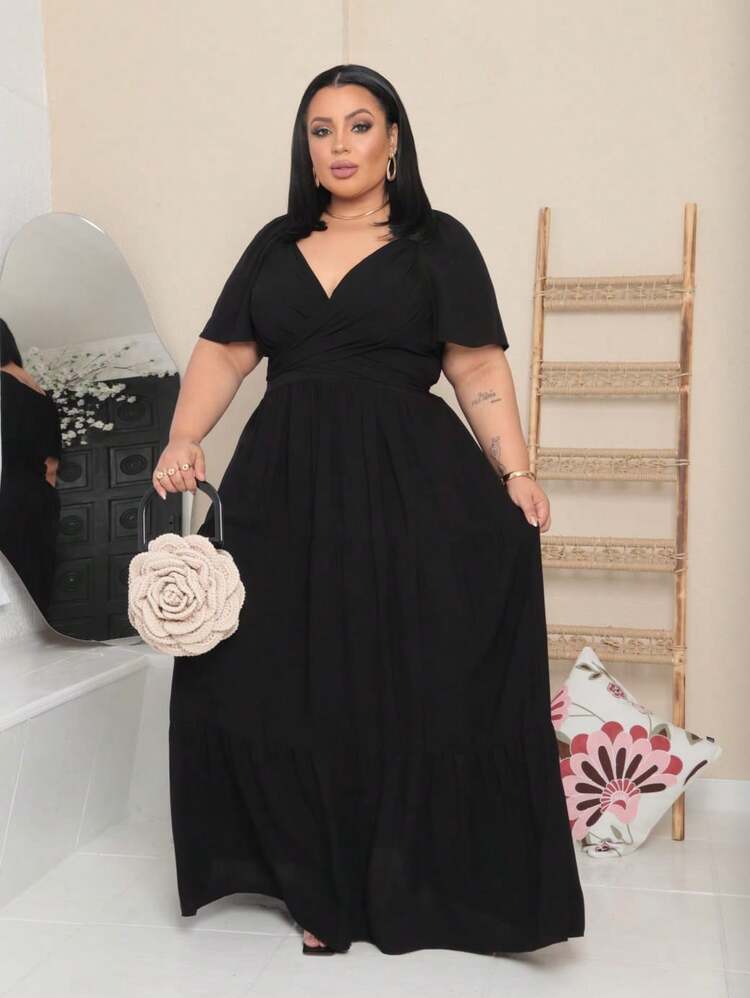Women's Long Plus Size Dress With Wrap Around Front, Party Fashion - 黑色 - 查看 1