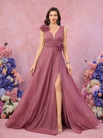  UNITHORSE 女装V领立体花朵修身开衩气质亮片线晚礼服