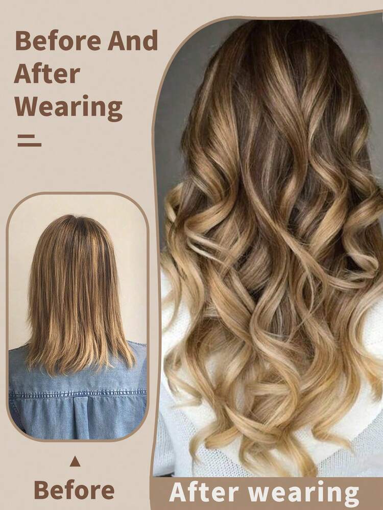 20-Inch Ombre Brown-Golden Synthetic Fiber Clip-In Hair Extensions, Natural Wavy Curls - Brown Ombre - View 6