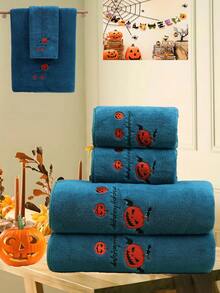 1/3 piezas Toalla de baño/toalla de Halloween de felpa de coral bordada con calabaza voladora, absorbente y suave, decoración navideña, decoración de otoño - Verde Oscuro - Ver 2
