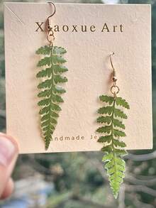 Plant Green Leaf Earrings, Hand-Pressed Plant Leaf Earrings, Dry Leaf Resin Earrings, Women'S Handmade Jewelry, Birthday Gifts For Her - màu xanh lá - Xem 4