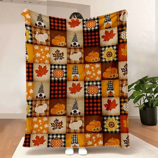 Thanksgiving Pumpkin Turkey Maple Leaves Retro Plaid Throw Blanket Super Soft Lightweight Luxurious Cozy Warm Fluffy Plush For Bed Couch Living Room