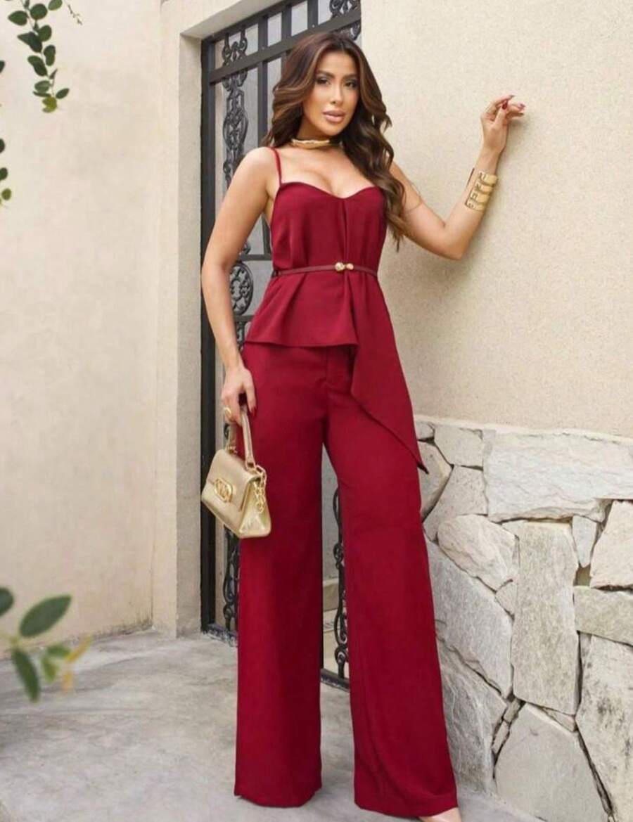 Women's Tailored Set Elegant Asymmetric Peplum Blouse Wide Formal Style Pantaloons - Đỏ - Xem 1
