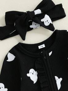 My First Halloween Baby Girl Outfit Romper Ruffles Ghost Print Zipper Long Sleeves Jumpsuits Cute Clothes - 黑色 - 查看 3