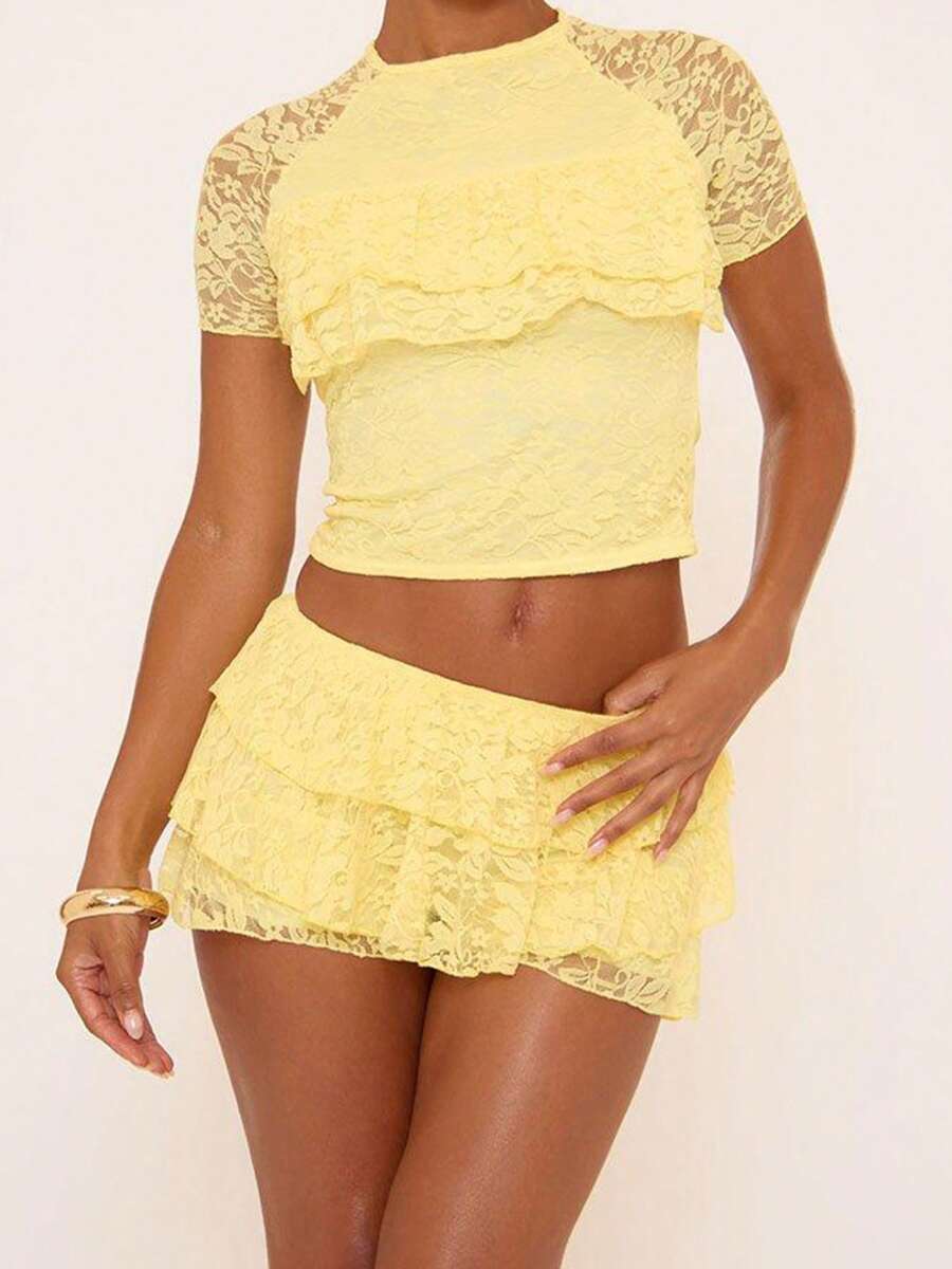 Layer Lace Trim Shorts For Women Summer  Versatile Flower Elastic Low Waist Shorts
