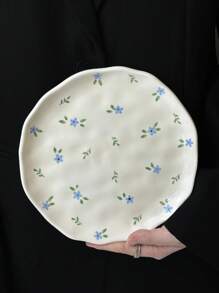 1 pieza Plato de cena de cerámica con estampado floral azul de estilo INS, bandeja de comida esmaltada asimétrica hecha a mano, vajilla del hogar, plato para bistec, pasta, ensalada, postre, fruta, regalo de fiesta para novio/novia