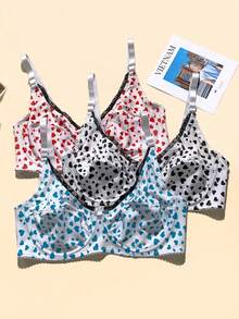3 pièces Soutien-gorge pour femmes de grande taille avec décoration en nœud, imprimé cœur, armatures, bretelles réglables et garniture en dentelle - Multicolore - Voir 4