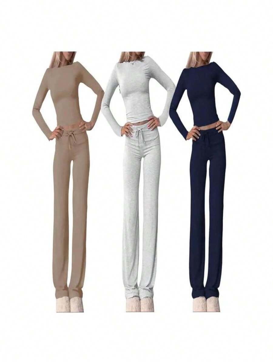 Conjunto de ropa de estar en casa con Top corta de manga larga y pantalones rectos de pierna recta para mujer 2025, conjunto de pijama con top de cuello redondo cómodo y conjunto Trousers, conjuntos de pantalón de mujer, ropa infantil para primavera y otoño, Set de pantalones de yoga, moda de mujeres, pijas, prendas para mujeres