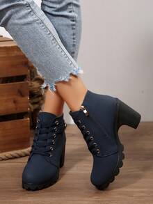 1 đôi bốt cổ ngắn unisex màu trơn, thời trang, năng động, thích hợp đi làm, hoạt động ngoài trời, có khóa kéo và khóa cài bên hông, bốt cao gót nữ, phù hợp cho kỳ nghỉ, tiệc tùng, hoạt động ngoài trời, mọi mùa, bốt cao gót đế dày chống thấm nước, màu đen - Màu xanh hải quân - Xem 4