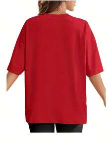 Women's Black Short Sleeve Round Neck AJE Letter Print T-Shirt - All-Season Washable Casual Top, Fashion  Pattern Shirt, Comfortable Versatile Daily Style - 黑色 - 查看 9