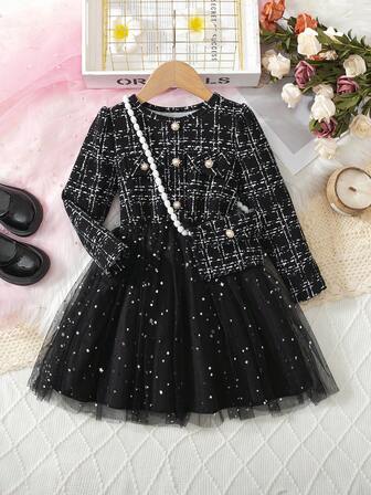 BASUSARRI 女童网眼拼接优雅连衣裙，带仿口袋和纽扣，圆领长袖时尚连衣裙，适合外出、聚会、生日、时尚配饰、春秋季