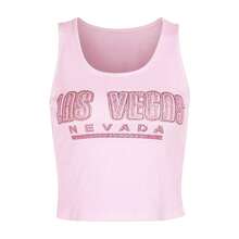Women Rhinestone Letter Tank Tops Round Neck Casual Vests Summer Sleeveless Tops Streetwear - 粉色 - 查看 3