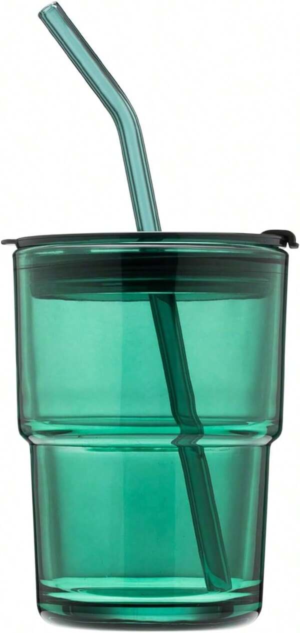 13oz/400ml Glass Water Tumbler With Straw And Lid Sealed Carry On Thick Wall Iced Coffee Cup Glass Cup For Water, Iced Tea Fruit Juice Etc (Green…,9582185