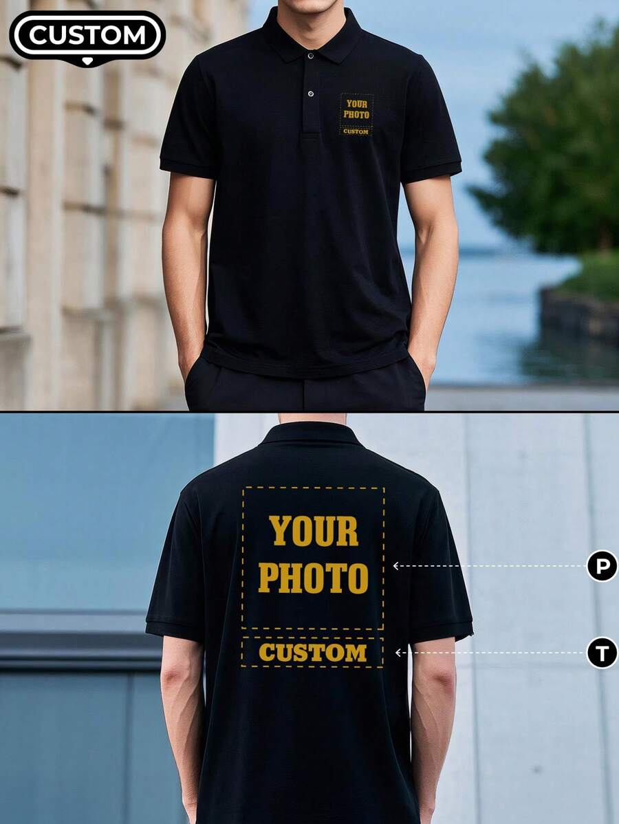 Customized Personalized Men's Polo Shirts. Upload Your Designs(Selfie/Scenery/Family Photo/Friends/Couple Photo/Patterns/Pets), Business And Company Clothing, Team Clothing,And Custom T-Shirts. Ornamental,Dawg Stylish,Fashion,Hipster,Contracted,Easy Costume,Modest Fashion,Minimal Chic,Casual Custom,Unique,Personalized Ideal Gifts For Him Family,Boyfriend,Friends,Children,Customized Men Clothing - Black - View 1