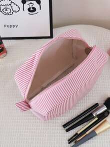 CALINNL 1个空白女士化妆包，泡泡纱条纹拉链收纳袋，旅行洗漱包，女士化妆品收纳袋，旅行必备包，适合上学、度假、返校用品，化妆包，女士旅行化妆包 - 藏蓝色 - 查看 8