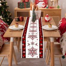 1pc/270pcs Christmas Table Runner, Black & Red Plaid Border Christmas Snowflake Design, Polyester Material, 35x181cm, Winter Christmas Home Party Gathering, Restaurant Living Room Table Centerpiece Decor, Indoor Outdoor Dining Table Center Decor, Room Decoration, Home Decor, Kitchen, Decorative Style, Kitchen Decor, Room Decor, Christmas Decoration, Living Room Decor
