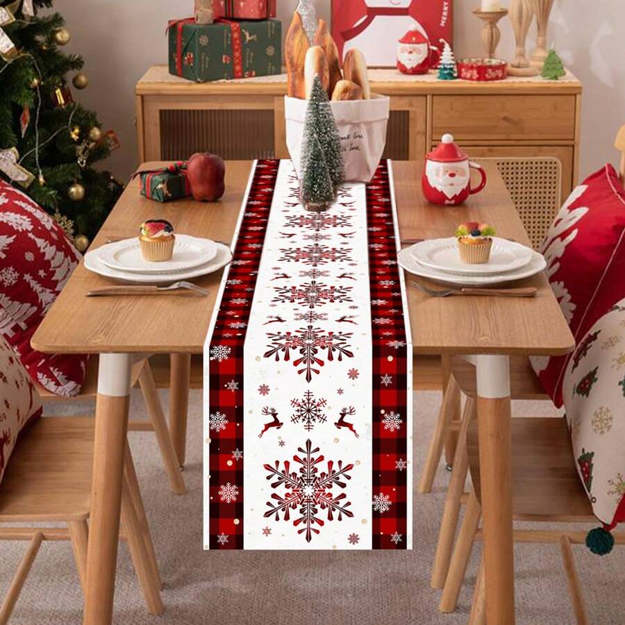 1pc/270pcs Christmas Table Runner, Black & Red Plaid Border Christmas Snowflake Design, Polyester Material, 35x181cm, Winter Christmas Home Party Gathering, Restaurant Living Room Table Centerpiece Decor, Indoor Outdoor Dining Table Center Decor, Room Decoration, Home Decor, Kitchen, Decorative Style, Kitchen Decor, Room Decor, Christmas Decoration, Living Room Decor