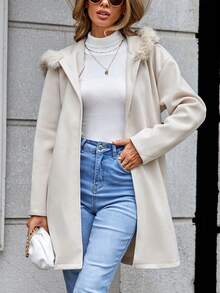 Women's Hooded Casual Belted Fleece Coat, Versatile For Autumn/Winter - Apricot - View 4