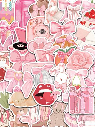 Set de 50 pegatinas de moños de dibujos animados de estética rosa, divertidos adhesivos decorativos para portátil, botella de agua, equipaje, cuaderno, guitarra, teléfono, papelería