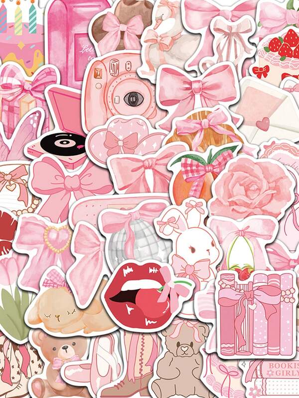 Set de 50 pegatinas de moños de dibujos animados de estética rosa, divertidos adhesivos decorativos para portátil, botella de agua, equipaje, cuaderno, guitarra, teléfono, papelería
