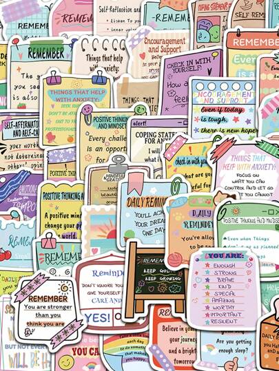 50pcs/Set Cartoon Positive Vibes Motivational Phrases Stickers, Funny Decorative Decals For Luggage Notebook Laptop Water Bottle Guitar Phone Stationery Sticker