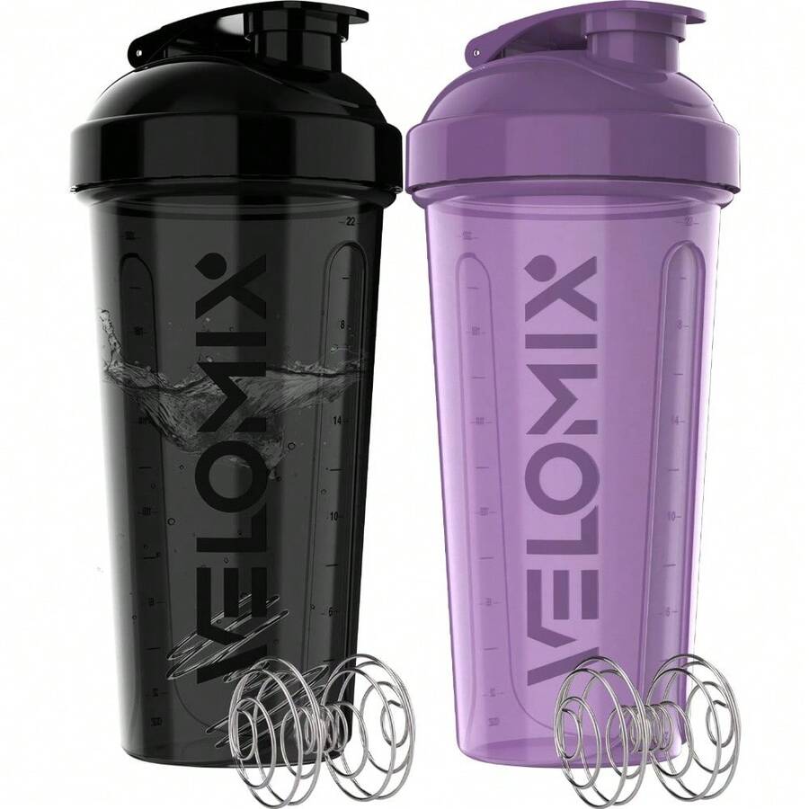 2 Pack 28oz Fitness Shaker Bottles With Stainless Steel Whisk Balls, Leakproof Protein Mixer Cup For Gym Workout School Travel, Includes Cleaning Brush & Wide Mouth Design For Easy Mixing - 93) 紫色/黑色 - 查看 1