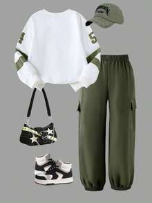2pcs Young Girls Casual Graphic Number Print Sweatshirt And Cargo Pants Set, Spring/Autumn - Army Green - View 2