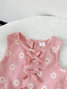 2pcs Girls Daisy Print Plaid Top And Pants Set, Summer - Pink - View 5