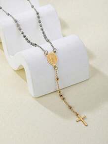1pcs Religious Christian Stainless Steel Necklace Silver Women's Virgin Mary Jesus Cross Pendant Long Beaded Chain Fashion Jewelry