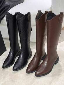 1双女士尖头粗跟厚底高筒靴，橡胶防滑鞋底，后拉链设计，时尚百搭高筒靴，棕色优雅秋冬过膝靴，户外靴 - 棕色 - 查看 5