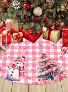 Christmas Tree Skirt, Pink Plaid Background With Warm Snowman Pattern And Christmas Tree Design, Christmas Party Decor Fabric, Christmas Tree Decoration