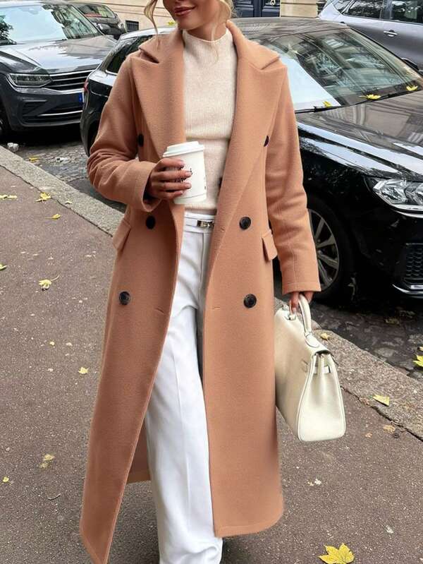 Women's Solid Camel Wool Blend Long Sleeve Double Breasted Pocket Coat, Suitable For Daily Commute, Dates, And Various Occasions, Autumn/Winter