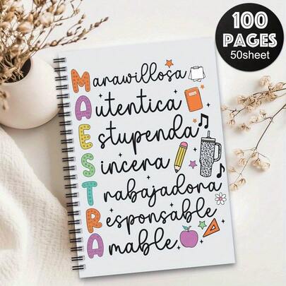 1 pieza Cuaderno espiral - Diseño educativo colorido con iconos, citas inspiradoras y garabatos bilingües, estilo universitario diario personal, adecuado para el Día del Maestro, oficina, regalos con tema mexicano, suministros de papelería. Portada vibrante, papelería temática, suministros de oficina
