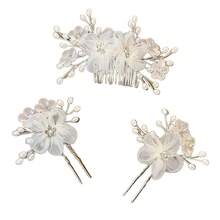 三件套全新白色花卉婚纱，含发饰、珍珠水钻发梳、丝绸花朵镶嵌发梳套装，珍珠水钻发梳头饰 - 白色 - 查看 5